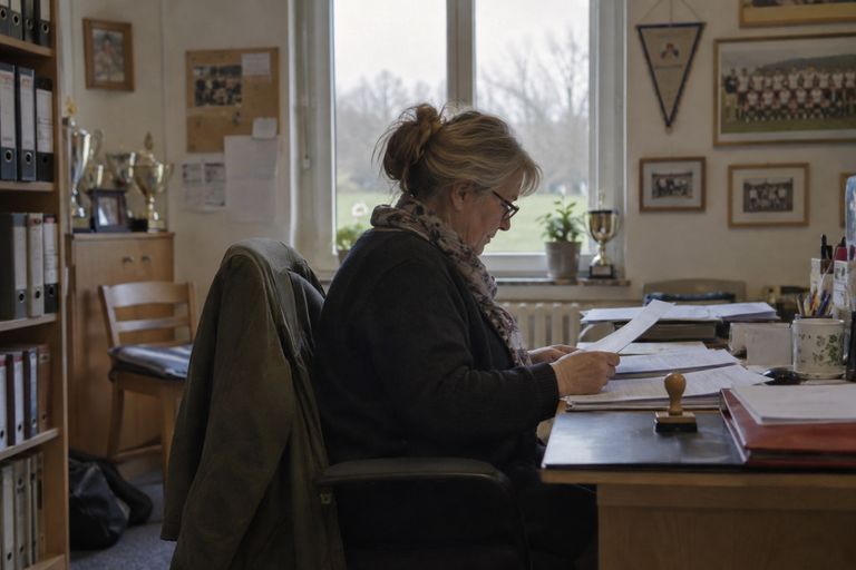 Ein Vorstandsmitglied liest am Schreibtisch der Vereinsgeschäftsstelle Unterlagen, ringsum stehen Aktenordner, Pokale und ein Stempel.