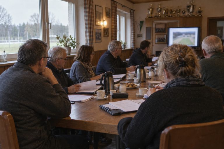 Vorstandssitzung im Vereinsheim: Mehrere Personen sitzen mit Unterlagen und Kaffee an einem langen Tisch und schauen auf einen Bildschirm, im Regal stehen Pokale.